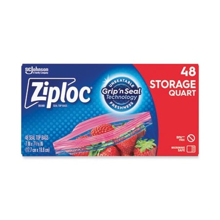 Sc Johnson Ziploc, DOUBLE ZIPPER STORAGE BAGS, 1 QT, 1.75 MIL, 9.63in X 8.5in, CLEAR, 48PK 314469BX